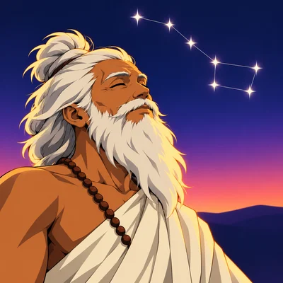 A white-bearded sage, eyes closed, under the seven stars of the Big Dipper